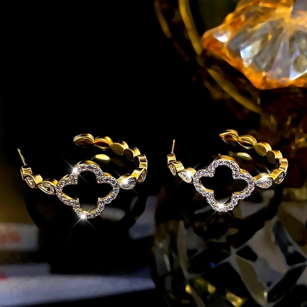 Hollow Four Leaf Grass Metal Earrings Gold and Silver